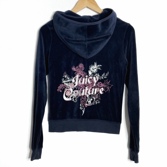 Juicy Couture Velour Hoodie Zip Up Juicy Embellished Logo On Back Navy Blue Sz L - Picture 2 of 11